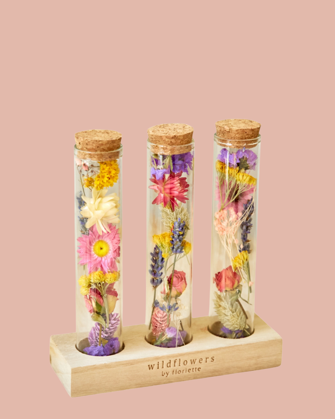 Glazen Buisjes Met Gedroogde Bloemen | Multi | 3 Stuks Incl. Houder
